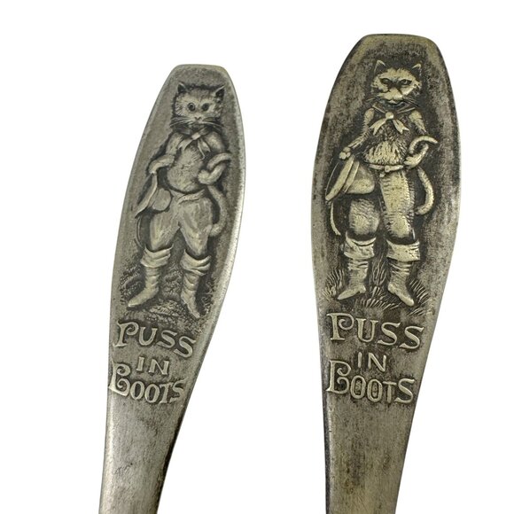 Puss N Boots Childs Fork and Knife Regal Silver Co Silverplate Baby Set Vintage - Picture 2 of 7